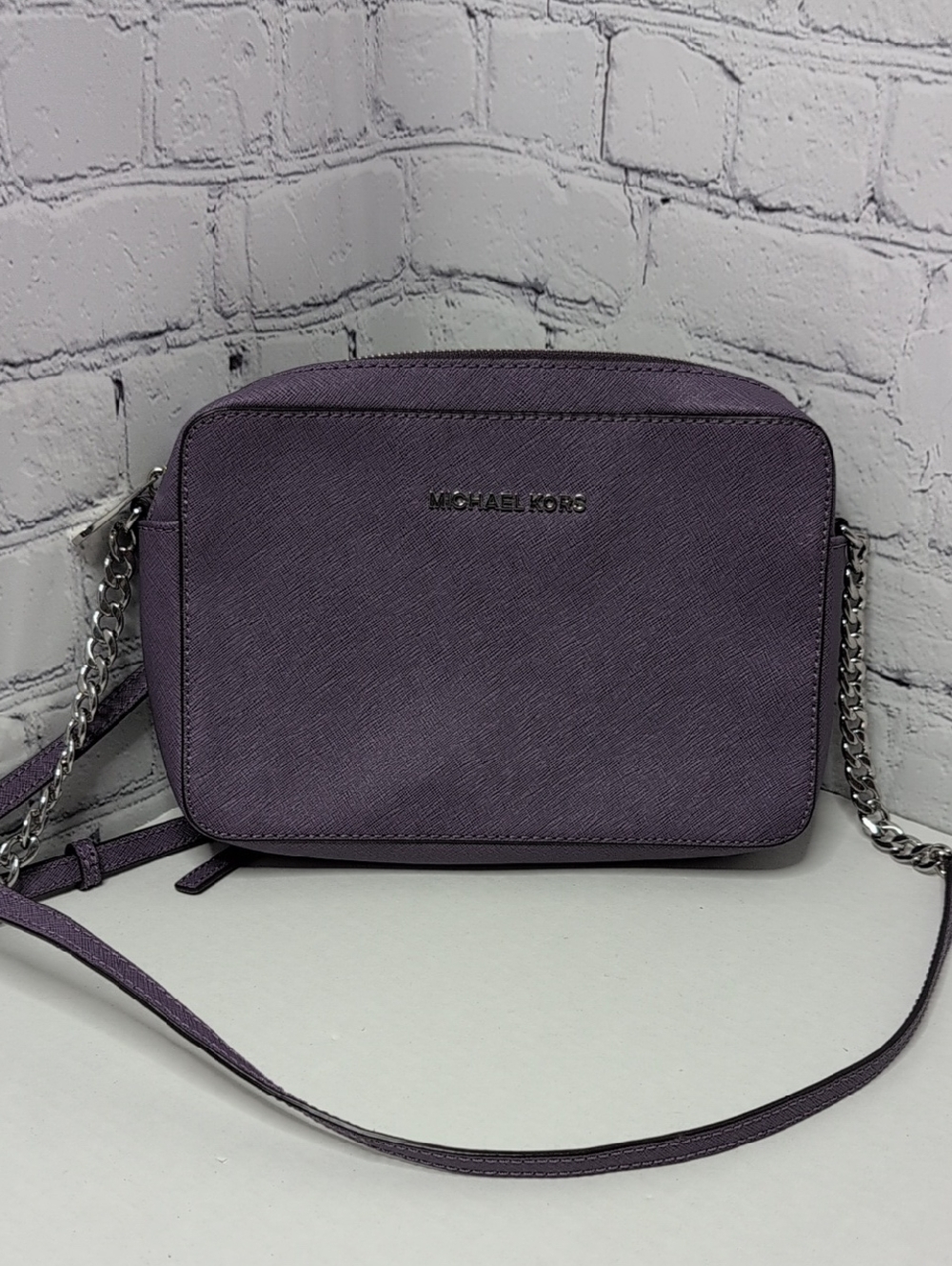 Michael Kors Jet Set Purple Saffiano Leather Crossbody Bag With Silver Accent